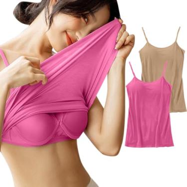 Imagem de PKDong Pacote com 2 camisetas femininas com sutiã embutido, alças finas, camada básica, sem mangas, alças finas, Rosa choque + cáqui, P