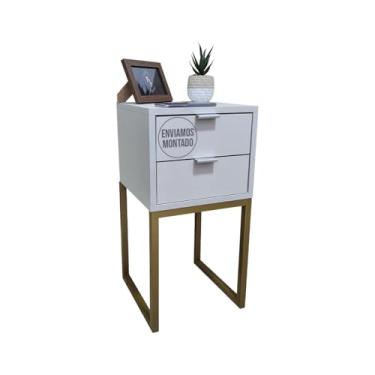 Imagem de Mesa De Cabeceira Industrial Eco 30cm com 2 Gavetas e Base De Ferro Para Quarto Lateral Da Cama Escritório (Base Dourada / Prata, Off-White)