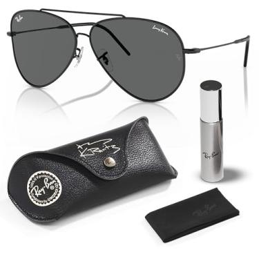 Imagem de Ray-Ban Óculos de sol RBR0101S LENNY KRAVITZ X AVIATOR REVERSE com kit de óculos – protetores de nariz ajustáveis, Armação preta polida | Lente cinza escuro, 62 mm