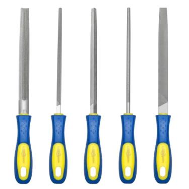 Imagem de YKLP Conjunto de lixa de agulha (conjunto de 5 peças de aço carbono) liga de aço temperado - conjunto inclui lima plana, quadrada, triangular, redonda e semi-redonda (comprimento total de 20 cm)