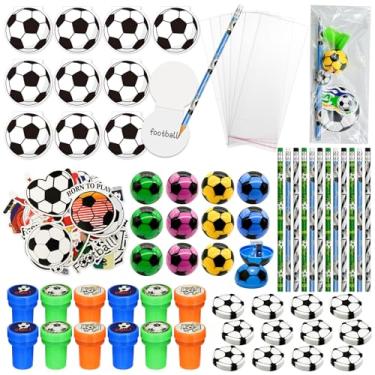 Imagem de Cinrobiye 122 peças de lembrancinhas de festa de futebol a granel, enchimentos de saco de brinde de futebol, lápis, borrachas, selos, adesivos, suprimentos de festa de aniversário, prêmios de jogo de