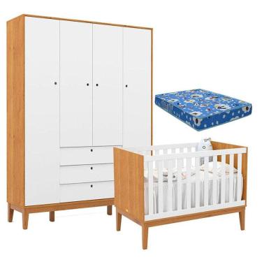 Imagem de Berço Americano e Guarda Roupa Unique 4 Portas Freijó Branco Soft Eco Wood com Colchão Ortobom - Matic