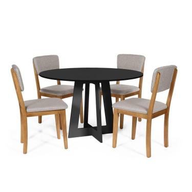 Imagem de Mesa De Jantar Redonda Montreal Preta Com 4 Cadeiras Estofadas Ella Cinza Claro