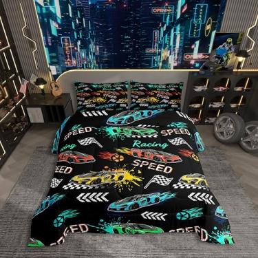 Imagem de Erosebridal Conjunto de edredom de carro esportivo de desenho animado para crianças, meninos e meninas, jogo de cama colorido, jogos de esportes radicais, edredom de carros de velocidade legal