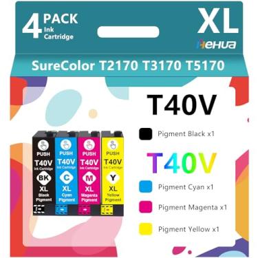 Imagem de hehua Cartucho de tinta T40V T40W (pacote com 4, BK/C/Y/M) compatível com T40V120 T40V220 T40V320 T40V420 Funciona para SureColor T5170 T5170M T3170M T3170 T2170 SC-T55 170 P Impressoras C-T3170