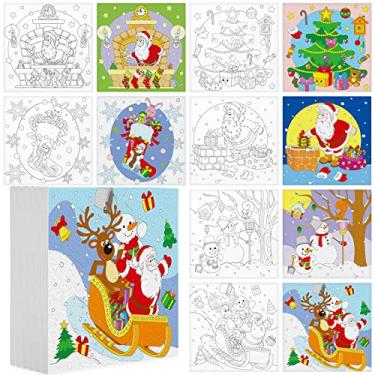 Imagem de 12 peças 15 x 15 centímetros Tela pré-desenhada de Natal para pintar árvores de Natal esticadas Papai Noel boneco de neve quadros de lona pintura em tela com imagens para pintar com cavalete de madeira para suprimentos de pintura de Natal DIY