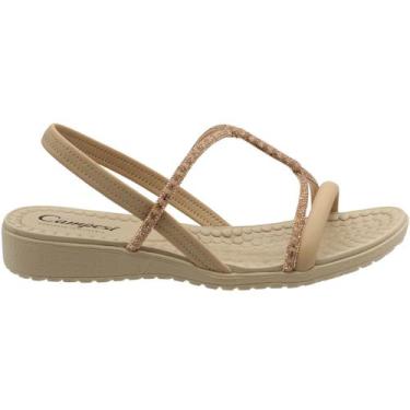 Imagem de Sandália Salto Baixo Campesí Tiras Strass Entrelaço Feminina, Bege, 37