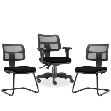 Imagem de Kit Cadeira de Escritório Giratória e 02 Cadeiras Fixas Zip L02 Crepe Preto - Lyam Decor