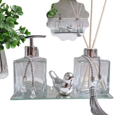 Imagem de Kit Banheiro Porta Sabonete Líquido Aromatizador De Ambiente (Kit Banheiro Prata Luxo)