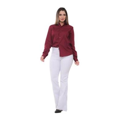 Imagem de Kit Feminino 2 Peças - Camisa Social Feminina Slim Vinho e Calça Flare