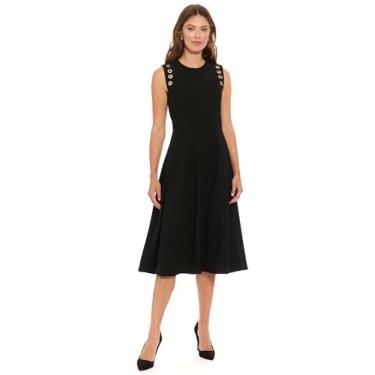 Imagem de London Times Vestido midi feminino sem mangas com gola redonda e flare - Vestidos de convidados de casamento, Preto, 38