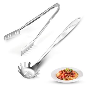 Imagem de 2 colheres de espaguete e pinça de macarrão, garfo de espaguete de silicone antiaderente de 33 cm e cabo de aço inoxidável de 24 cm, clipe de comida para macarrão espaguete (prateado (aço inoxidável))