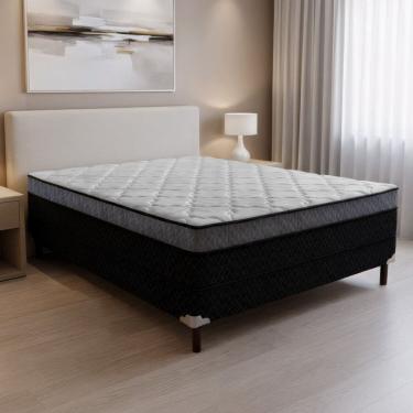 Imagem de Cama Box Conjugada Casal com Pés de Madeira Maciça Air Dream Rústico Preto/Branco