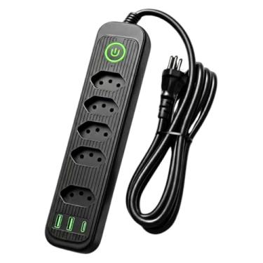 Imagem de Extensão Tomada Régua Elétrica 5 Tomadas, 2 entradas USB, 1 Porta USB Tipo-C, Cabo de Alimentação de 2 metros, Suporte a Tensão de 110-220V Filtro de Linha Bivolt Potência de 2500W (Preto)