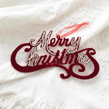 Imagem de 1 peça de enfeite de árvore de Natal de veludo vermelho, guirlanda flocada vermelha, laço, floco de neve, borboleta, doces, vários tipos para escolher