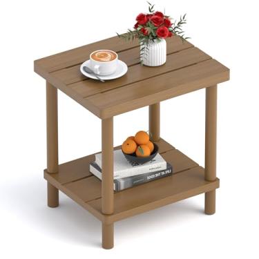 Imagem de LEJANEOYE Mesa lateral externa, mesa pequena de 2 camadas para pátio, mesas laterais Adirondack para uso externo ou interno, mesa de canto de bambu para piscina, varanda, resistente ao clima, fácil