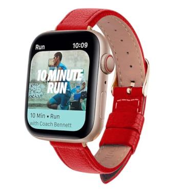 Imagem de XLCZMYL Pulseira de relógio fina de couro para série 7 SE 6 5 4 3 2 1 de 40 mm, 44 mm, 38 mm, 42 mm, couro feminino, ouro rosa, vermelho, 42 mm