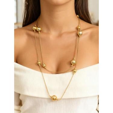 Imagem de Colar longo multifuncional com contas douradas para mulheres, corrente minimalista de contas grandes, corrente conversível de camada dupla, joia ajustável e versátil