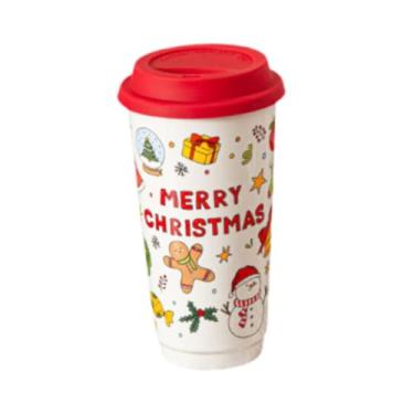 Imagem de ＫＬＫＣＭＳ Caneca de Natal de cerâmica, compacta, para bebidas, com desenho animado, com tampa, ideal para camping, parque infantil, casa e viagens.