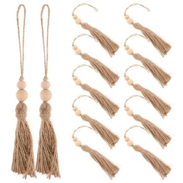 Imagem de KALLORY 12 borlas de contas de madeira: borlas de corda estilo juta natural com 2 contas de madeira para decoração de projeto de guirlanda de árvores de Natal e festas DIY