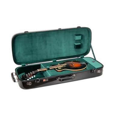 Imagem de Crossrock Estojo de bandolim retangular de fibra de vidro para F-Style (serve para Gibson F5, L/R Hand) | Brilho preto, veludo verde floresta, trava TSA, higrômetro, alças de mochila – Série Pro