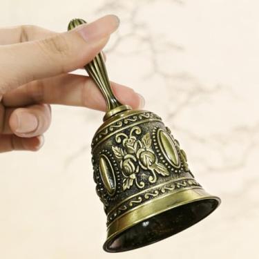 Imagem de Sino de mão de flor de latão vintage, instrumentos de percussão de sinos ideais para cabeceira, jantar, chamada de campainha de serviço, casamento, Natal e festa de fim de ano
