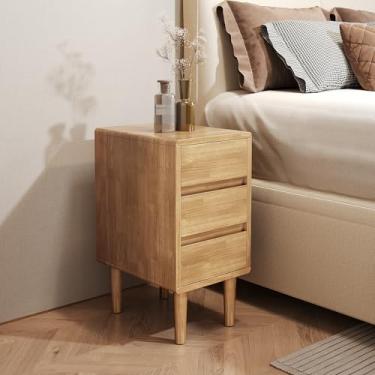 Imagem de Mesa de cabeceira com 3 gavetas, mesa de cabeceira estreita de madeira maciça, mesa de cabeceira moderna de meados do século, mesa de canto de madeira para quarto, sala de estar, escritório