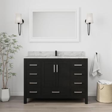 Imagem de HIGEINE Vaidade de banheiro premium de 122 cm com pia, 2 portas e 9 gavetas, armário de madeira independente com pia integrada, orifício para torneira, montagem fácil (preta)