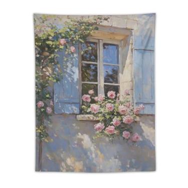Imagem de Tapeçaria de janela de casa de campo francesa persianas azuis rosas rosas exuberantes estilo pintura a óleo parede rústica decoração de casa para quarto sala de estar ambiente encantador tapeçaria 76