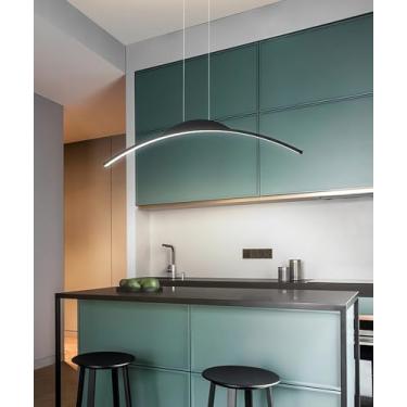 Imagem de Luminária pendente curva moderna de LED, lustre de cozinha com altura ajustável de 100 cm, luminária de teto para mesa de jantar preta com dimmer e controle remoto, luminária de embutir dour