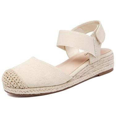 Imagem de Veittes Sandálias femininas de salto plataforma alpargata, fecho de gancho e laço com tira elástica no tornozelo, sola de borracha leve, palmilha confortável, sandálias casuais de verão, Bege, 37