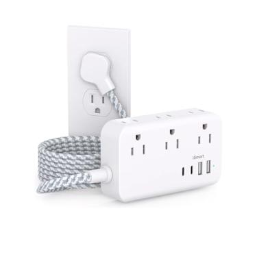 Imagem de Cabo de extensão de filtro de linha – 6 tomadas e 4 USB (2 USB C), cabo trançado com plugue plano ultrafino, suporte de parede, proteção contra sobrecarga, viagem, navio de cruzeiro, itens essenciais