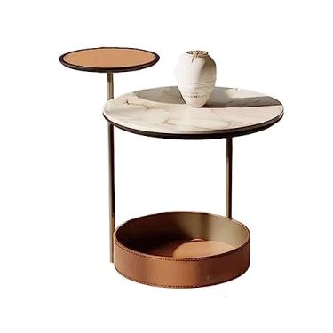 Imagem de Mesa de canto moderna de 3 camadas, mesa lateral de cabeceira com 2 tampos de mesa e cesta de armazenamento, mesa lateral de mesa de café para sala de estar, quarto, moldura de aço estável simples