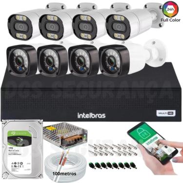 Imagem de Kit 8 Câmeras de Segurança Full HD 1080p 20m Infra c/4 Full Color+DVR Intelbras+Cabos e Acessórios