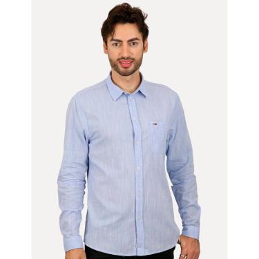 Imagem de Camisa Tommy Jeans Masculina Regular Linen Blend Pocket Azul Mescla-Masculino