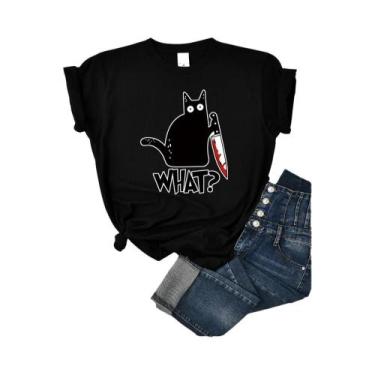 Imagem de Camiseta Feminina De Verão Com Estampa De Gato Preto, Manga Curta, Mod