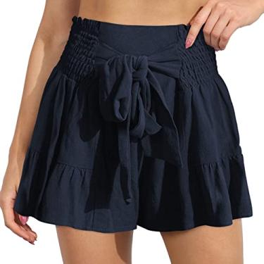 Imagem de Shorts de Cintura Franzida, Shorts Macios Casuais de Perna Larga Cor Pura para Mulheres para Festa na Praia (M)