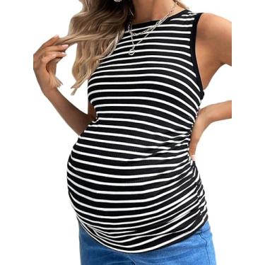 Imagem de BEAUDRM Blusa feminina de maternidade listrada sem mangas gola redonda casual malha canelada slim fit franzido pulôver regata, Preto e branco, XXG