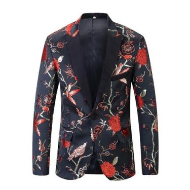Imagem de Blazer masculino, estampa floral, com um botão, ajuste justo, casual, smoking, jaqueta anfitriã, Vermelho, Large