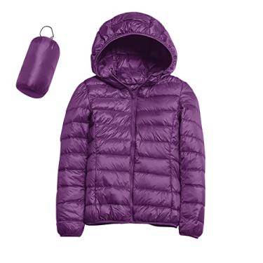 Imagem de Jaqueta feminina acolchoada para inverno, quente, leve, com capuz, caimento justo, casaco curto com capuz e capuz, A - roxo, P