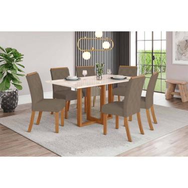 Imagem de Conjunto: Mesa de Cozinha Natalí c/ Tampo Madeirado c/ Vidro Reto 160x90cm e 6 Cadeiras Vita Nature/Suede Light Bege - Henn