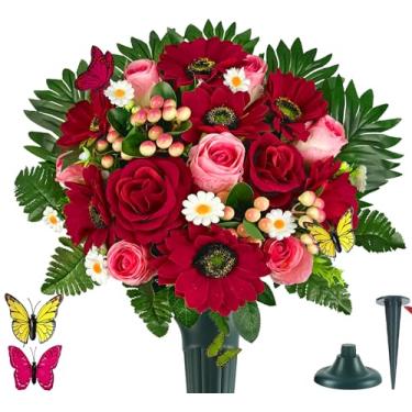 Imagem de MUVIC Flores artificiais de cemitério - flores memoriais - decorações de flores de sepultura ao ar livre, flor de simpatia com vaso - rosa vermelha gerbera margarida