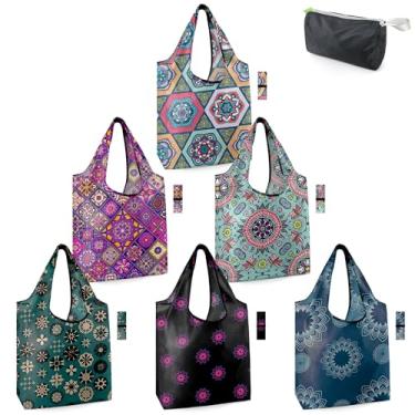 Imagem de BeeGreen Presentes Boho para mulheres, geométricos, reutilizáveis, sacolas de compras mandala, pacote com 6, 22,7 kg, GG, dobrável, lavável na máquina, presentes de ioga mandana resistente