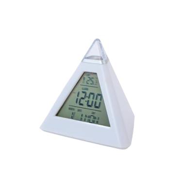Imagem de Relógio Digital Pirâmide de Mesa, Multifuncional, Display LCD, 7 Cores LED, Termômetro, Calendário, Alarme, 10,3 x 10,3 x 9 cm, Branco