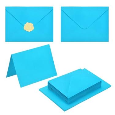 Imagem de PATIKIL Pacote com 50 envelopes azul lago 12 x 18 cm, envelopes com aba em V A7 com cartolina e adesivos dourados para cartões comemorativos de casamento, convites de aniversário, envio por carta