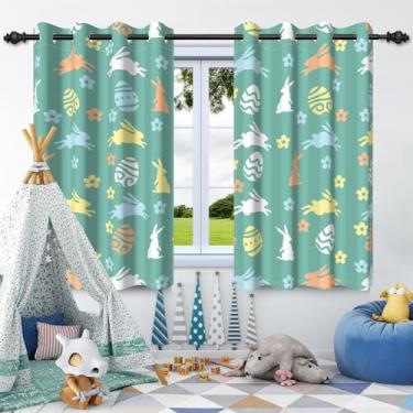 Imagem de Cortinas blackout para quarto, 106 x 153 cm, coelhinho da Páscoa, ovos, estampa de flores, cortinas verdes escurecidas para quarto de crianças, conjunto de 2 painéis, cortinas com ilhós para meninos,
