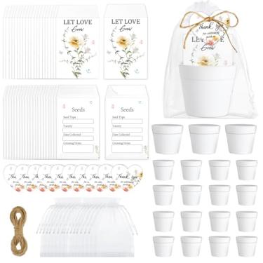 Imagem de 50 conjuntos de lembrancinhas de casamento para convidados a granel incluem pacotes de sementes Let Love Grow Vaso de flores branco, etiquetas de agradecimento, sacos de presente de organza, cordas de