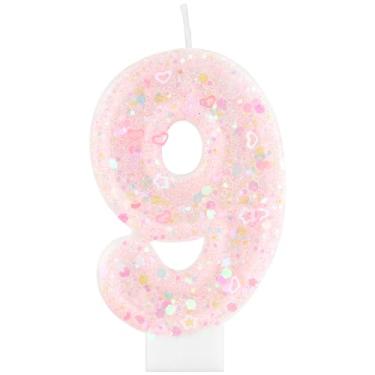 Imagem de iNINGER Velas com número de aniversário, número 9 com glitter rosa, topo de bolo com velas de aniversário para meninas e mulheres, lembrancinhas de aniversário