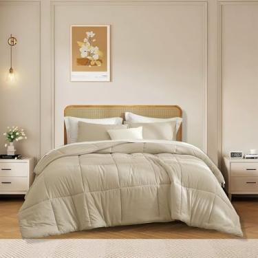 Imagem de AZMTOP Conjunto de edredom casal com 3 peças, 1 edredom e 2 fronhas para todas as estações, conjunto de cama de casal de microfibra luxuoso, leve, macio, quente, costurado, fofo, reversível, cáqui