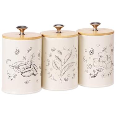 Imagem de Conjunto de 3 recipientes de metal para cozinha com tampas de madeira herméticas, versáteis e compactos para café, chá, açúcar, farinha de lata, conjunto de recipientes de armazenamento de alimentos